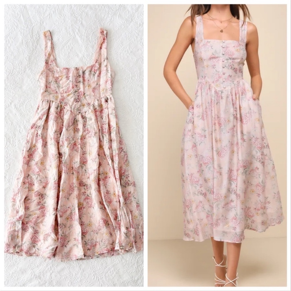 NWOT Lulus Darling Adoration Blush Pink Floral Midi Dress With Pockets Medium
